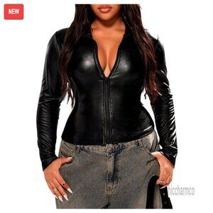 Plus Size PU Leather Motorcycle Jacket Long Sleeve Zip Up Rave Outfit